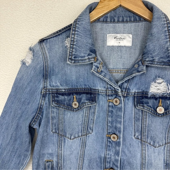KanCan Los Angeles Size Small Distressed Denim Blue Jean Jacket Raw Hem Buttons - Picture 4 of 16